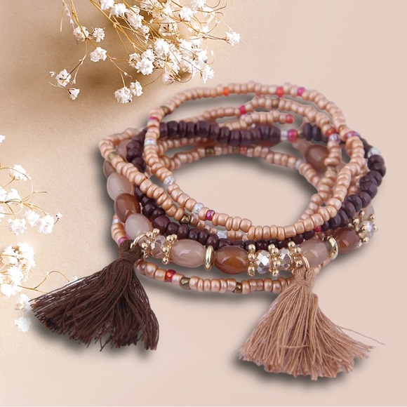 Bracelet Multi layer (6) Bead Tassel Boho Stretch Stackable - Picture 8 of 8